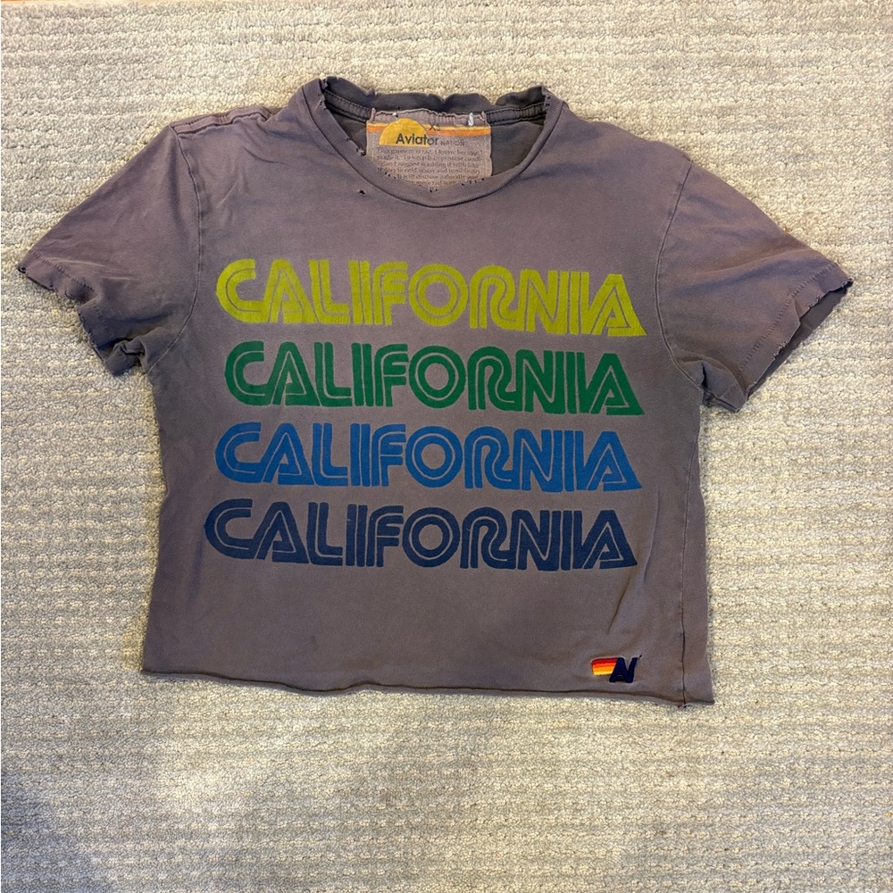 Aviator Nation Kids Gray Crop Tee with Yellow, Green & Blue 'California' Print